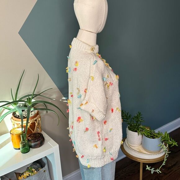 Vintage 80s Speckled Confetti Textured Knit Sweater Short Sleeve Mock Neck S/M - Picture 4 of 10